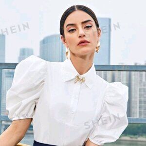 Puff Sleeve Half Button Bow Front Crop Top